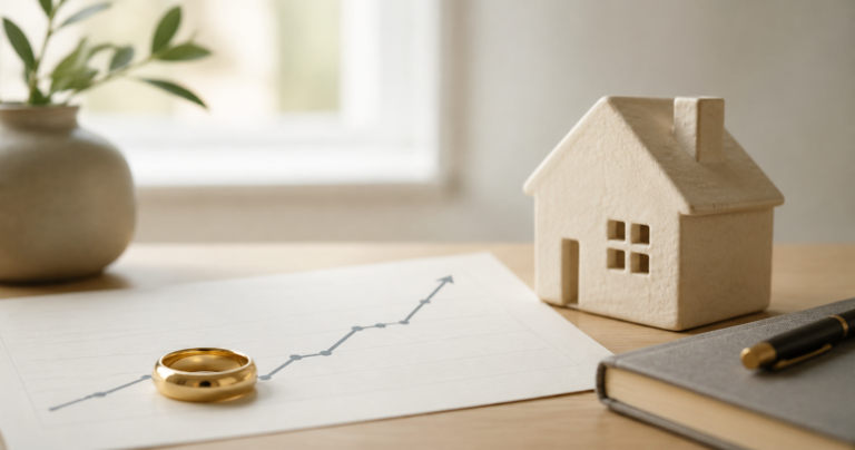 A wedding ring resting beside a rising line-graph and a small house figurine.