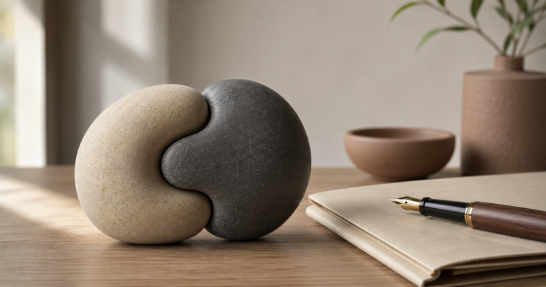 prenup - two interlocking smooth stones of slightly different tones resting on a minimalist wooden desk