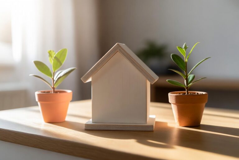 A clean, minimalist professional photograph: a small wooden model house resting on a light oak desk