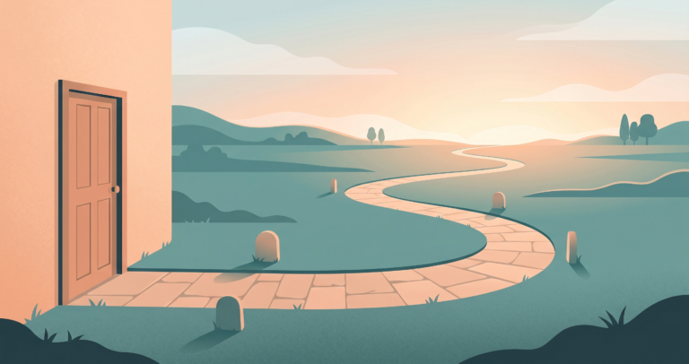Illustration of a clear path with milestone markers leading from a closed door to an open horizon, symbolizing the stages of the divorce process and a new beginning
