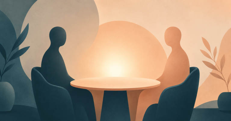 Two abstract human silhouettes seated at a round table, gentle warm light between them symbolizing dialogue and resolution