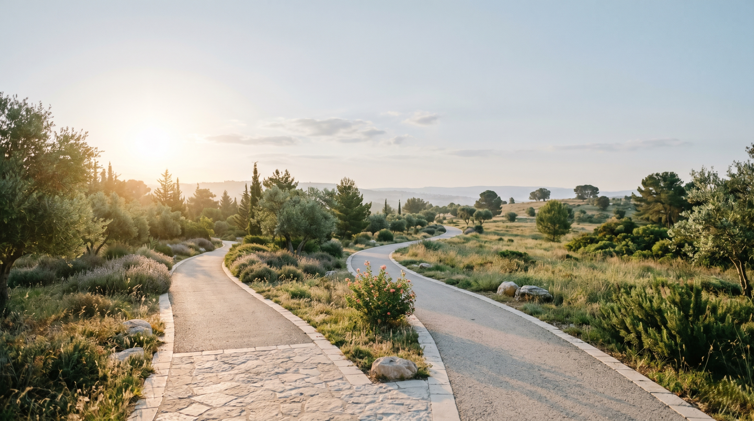 Two calm parallel walking paths through a quiet sunlit park that gently diverge then run side by side