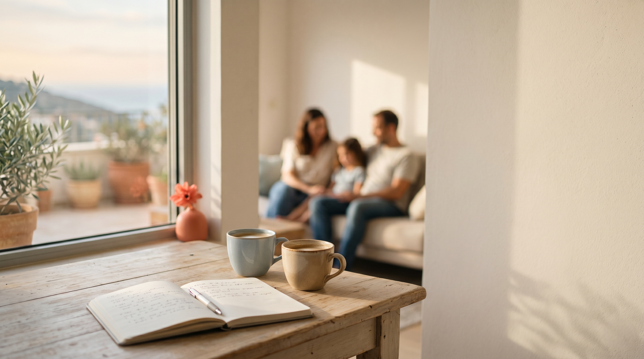 A warm, softly lit advisory scene from a respectful distance: an open notebook and two coffee cups on a light wood table beside a sunlit window