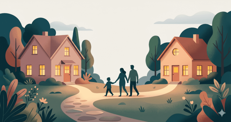 joint custody - Two cozy warm-toned houses connected by a soft winding path