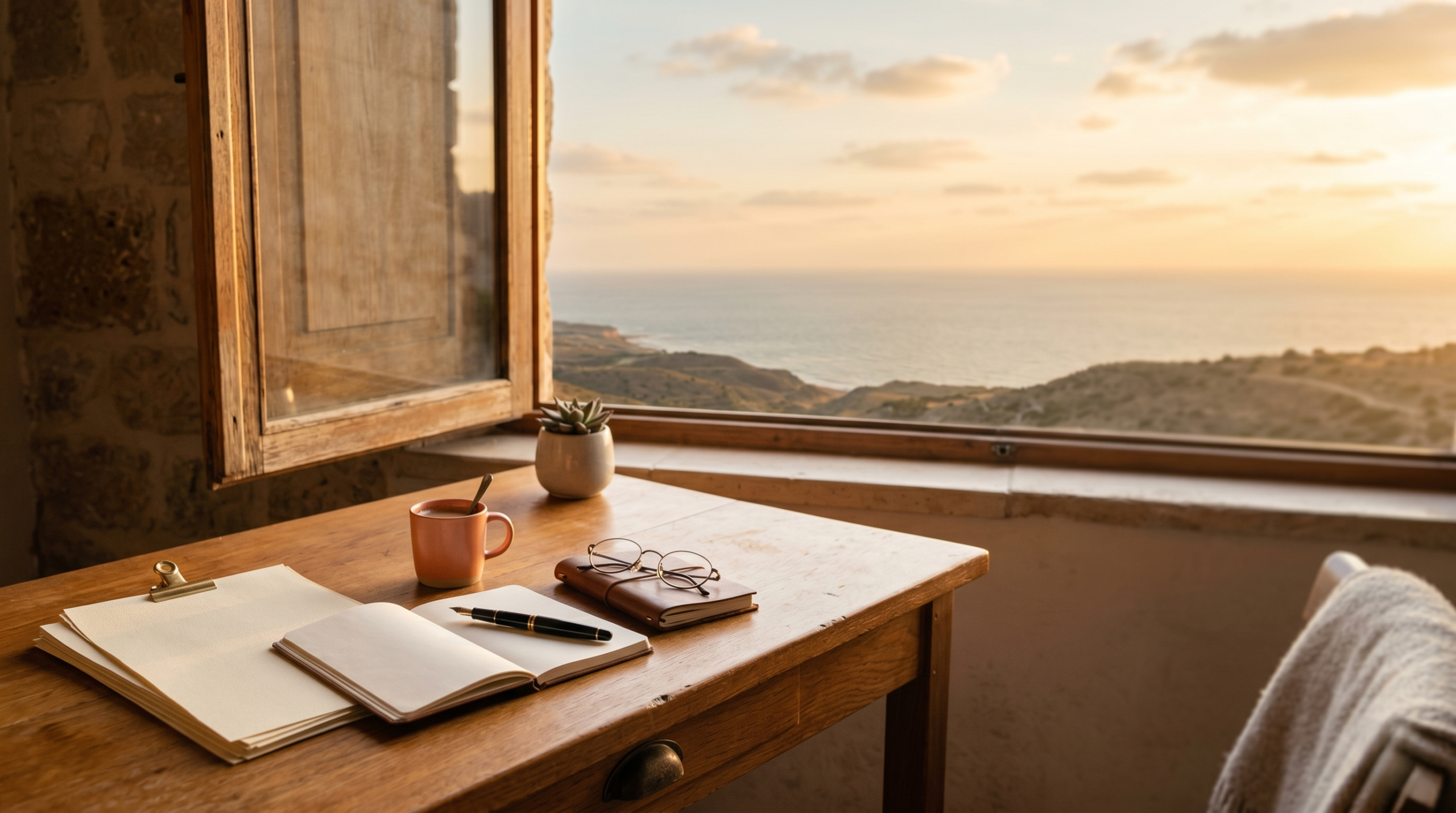 A calm desk by a window at golden hour with neatly organized documents, a fountain pen and reading glasses