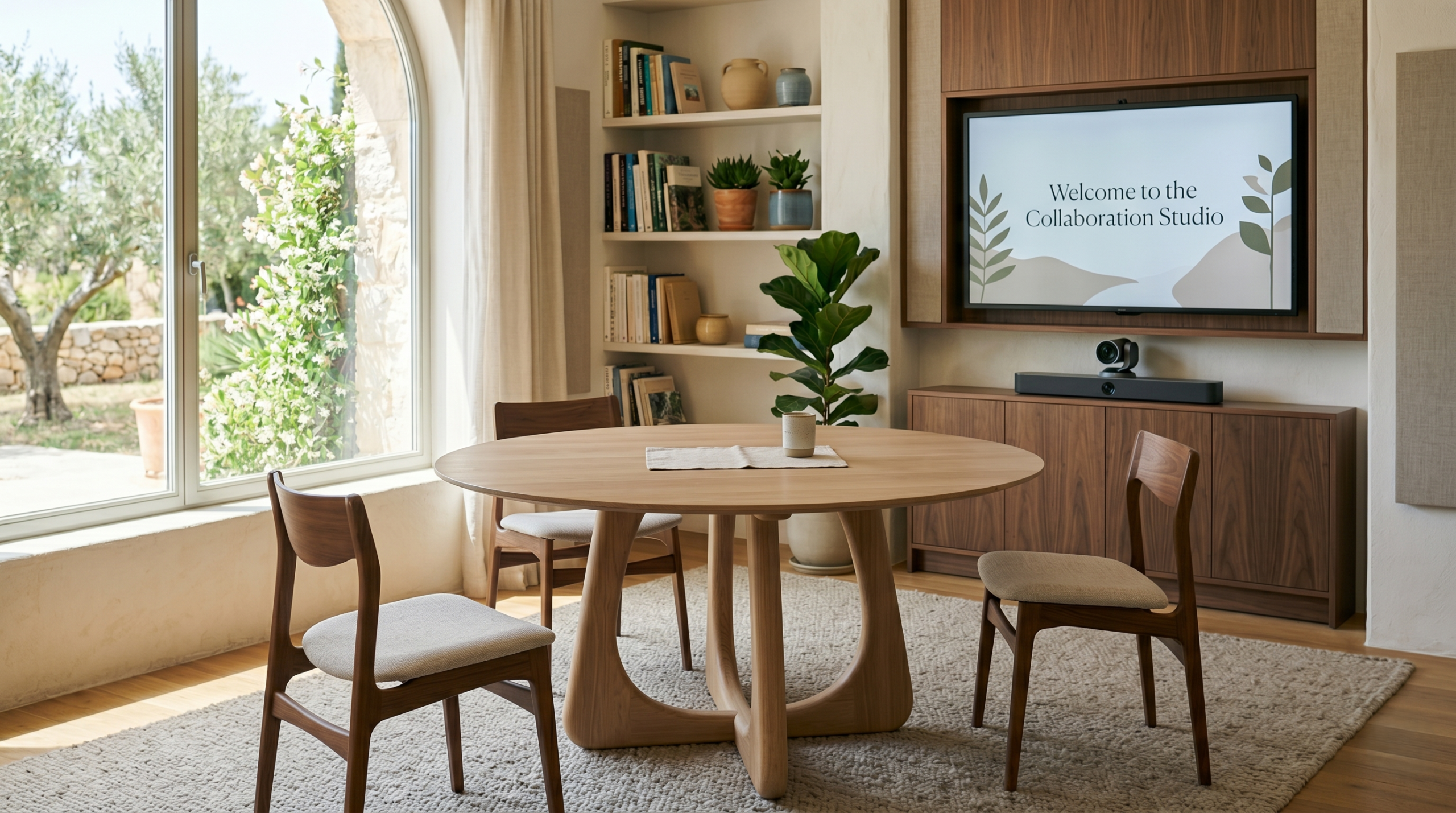 A neutral, inviting round table with three empty chairs in a bright airy room